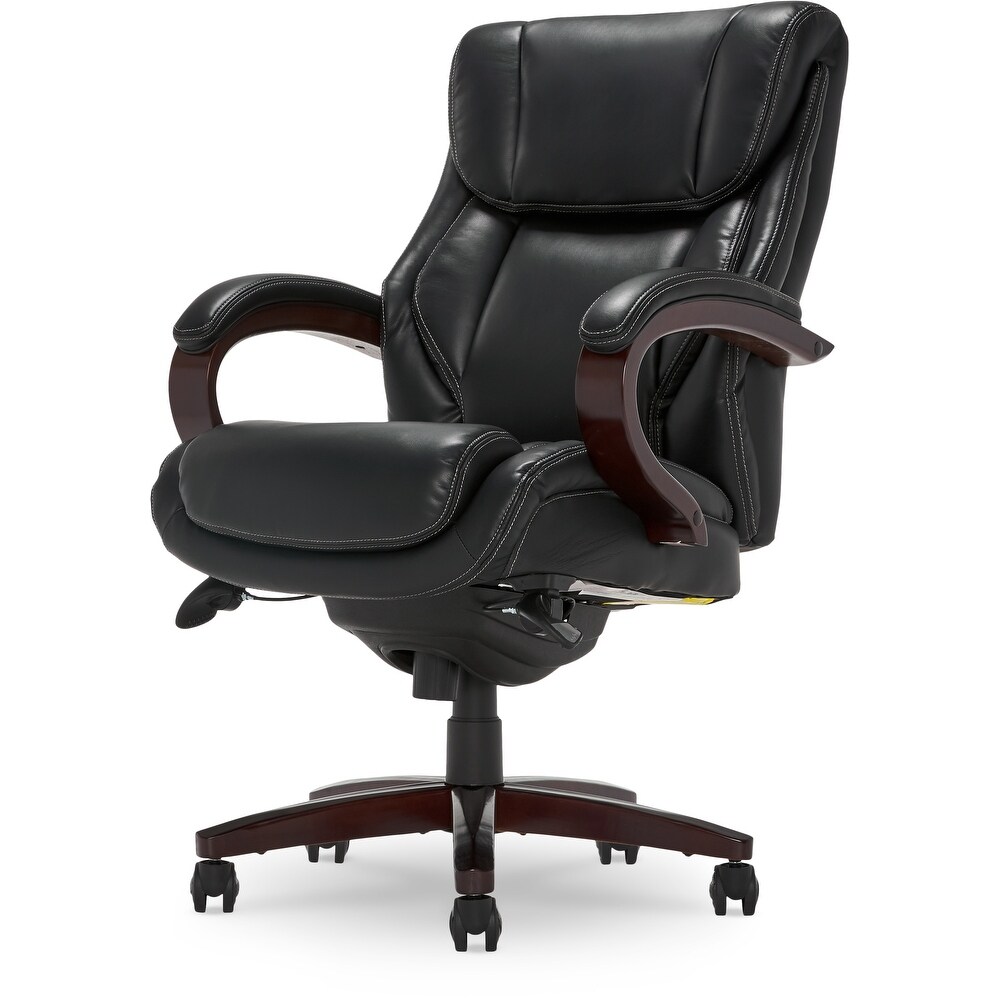 La Z Boy Bellamy Executive Leather Office Chair with Memory Foam Cushions  Solid Wood Arms and Base  Waterfall Seat Edge