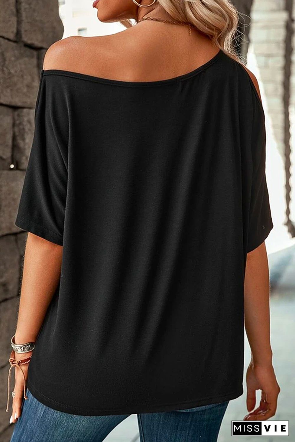 Black Solid Asymmetrical Neck Loose Casual T-Shirt