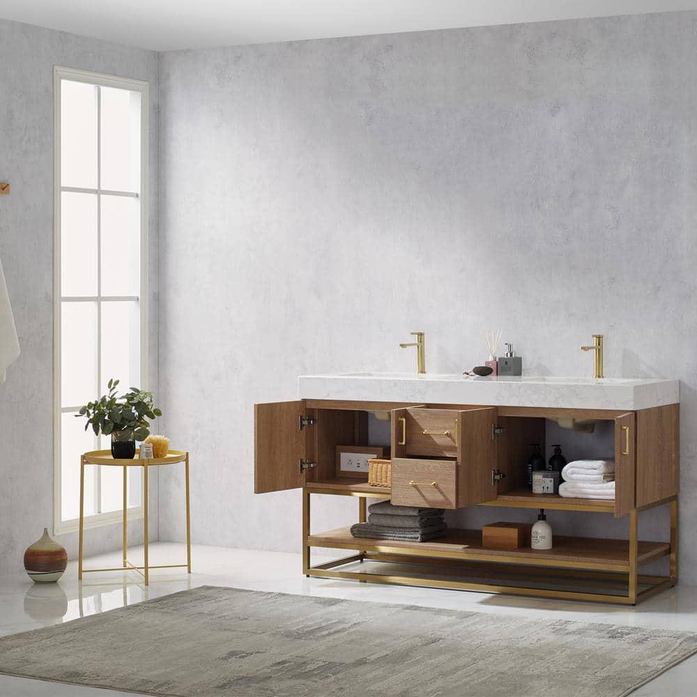 ROSWELL Alistair 60 in Bath Vanity in North American Oak with Grain Stone Top in White with White Basin