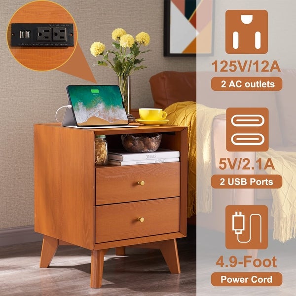 Nightstand with Charging Station， Mid-Centry Modern Nightstand End Table with 2 Stroage Drawers， Easy Assembly Wood - - 37629116