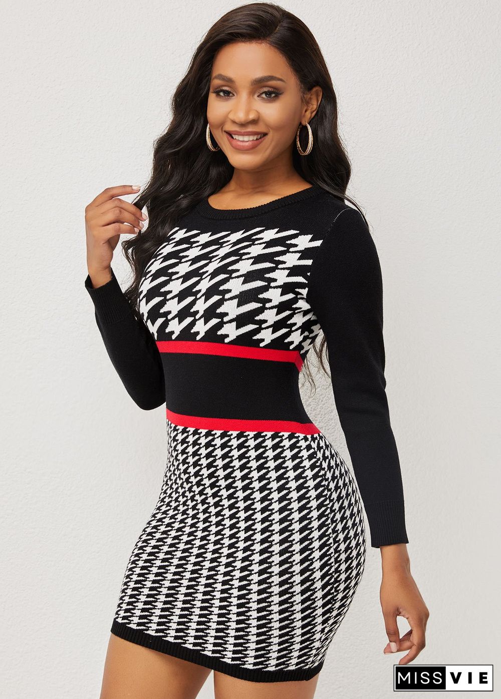 Round Neck Houndstooth Print Long Sleeve Sweater Dress