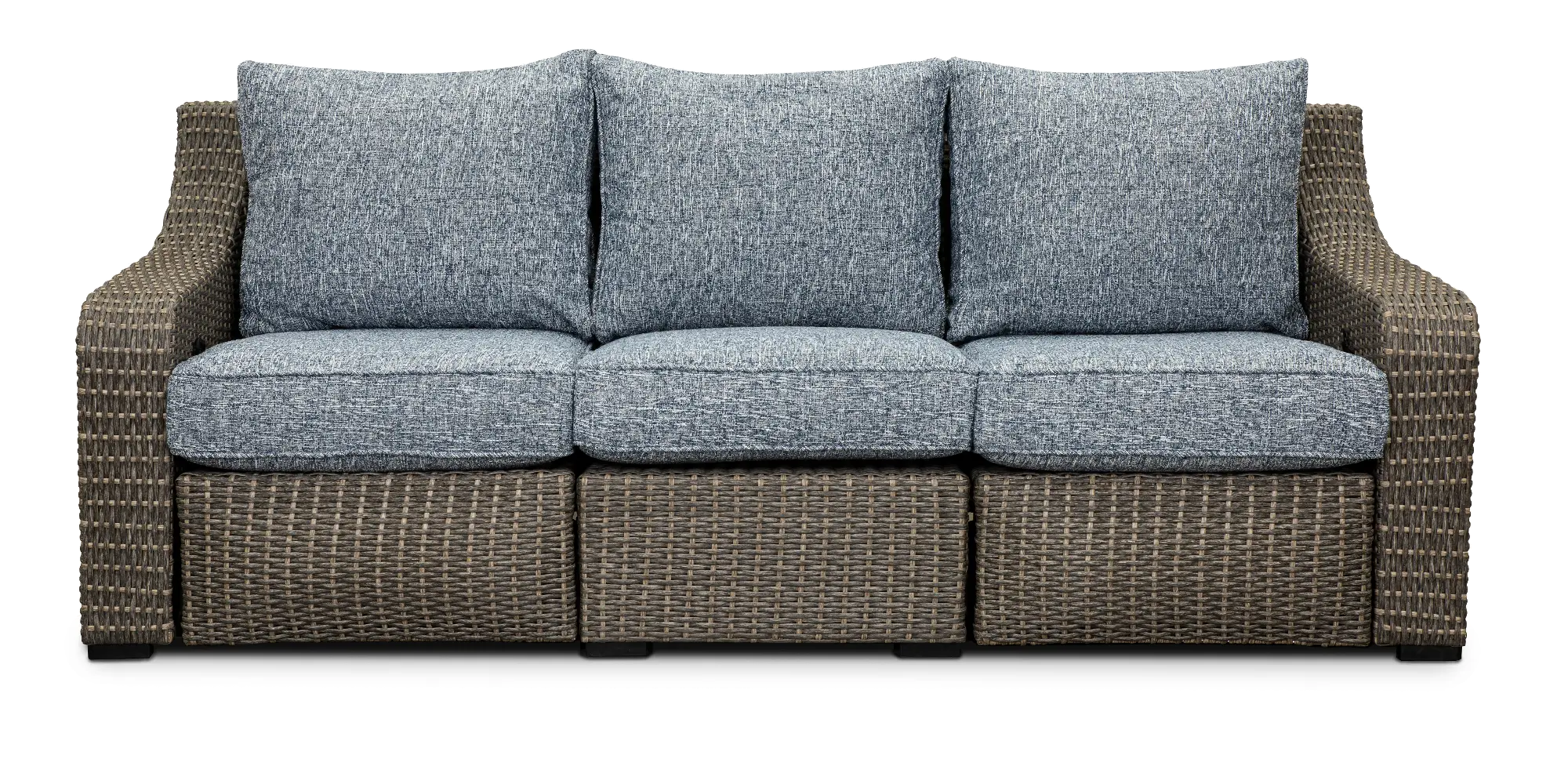 Lemans Gray Wicker Patio Motion Sofa with Blue Cushions