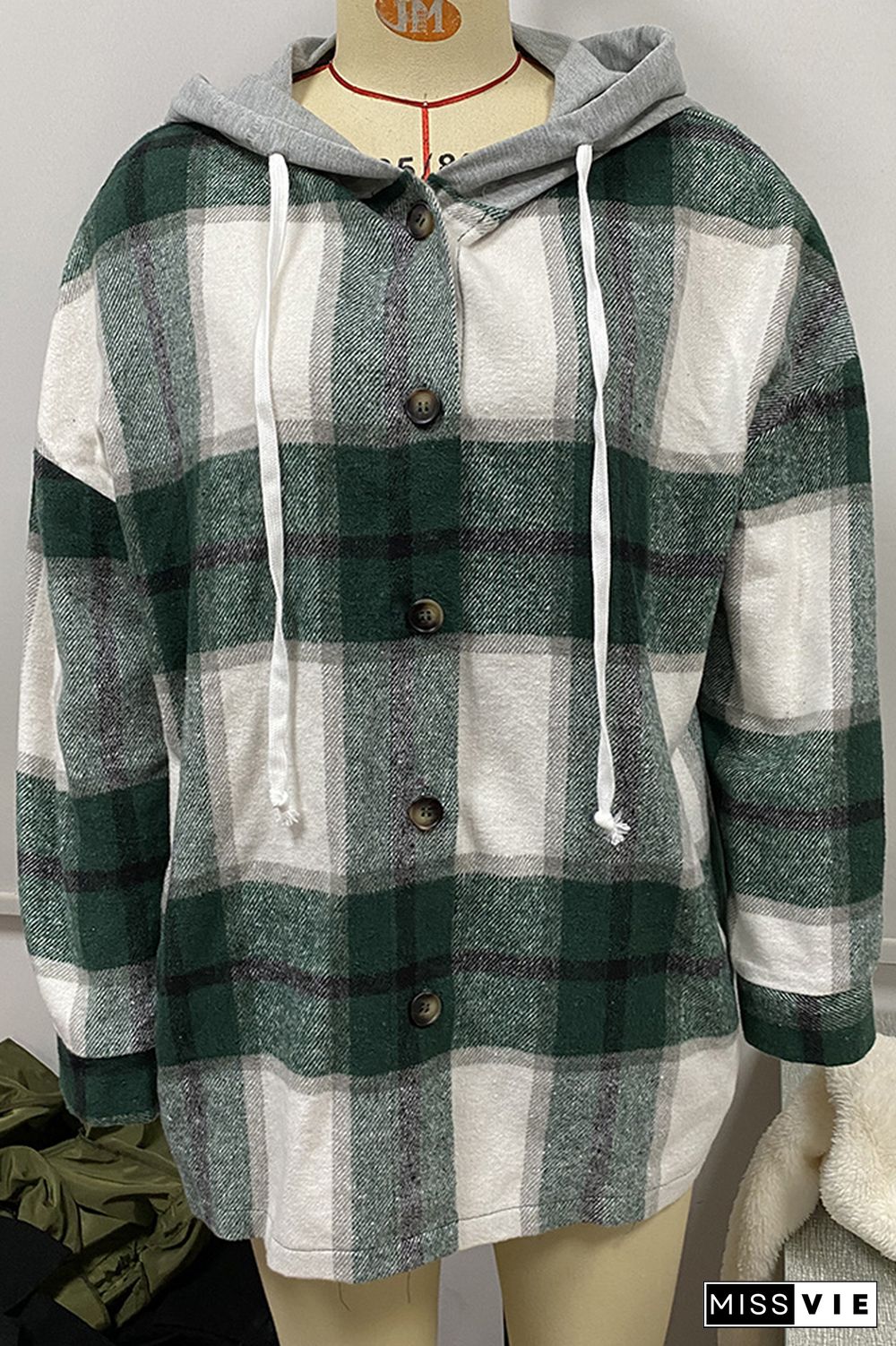 Plaid Button Front Hoodies Shacket Jacket Women Wholesale