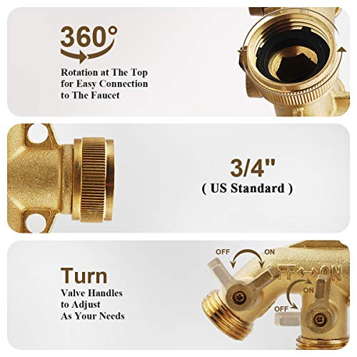 RIFFUE Garden Hose Splitter 4 Way Heavy Duty Brass Hose Spigot Adapter with 4 Valves， Hose Connector 3/4