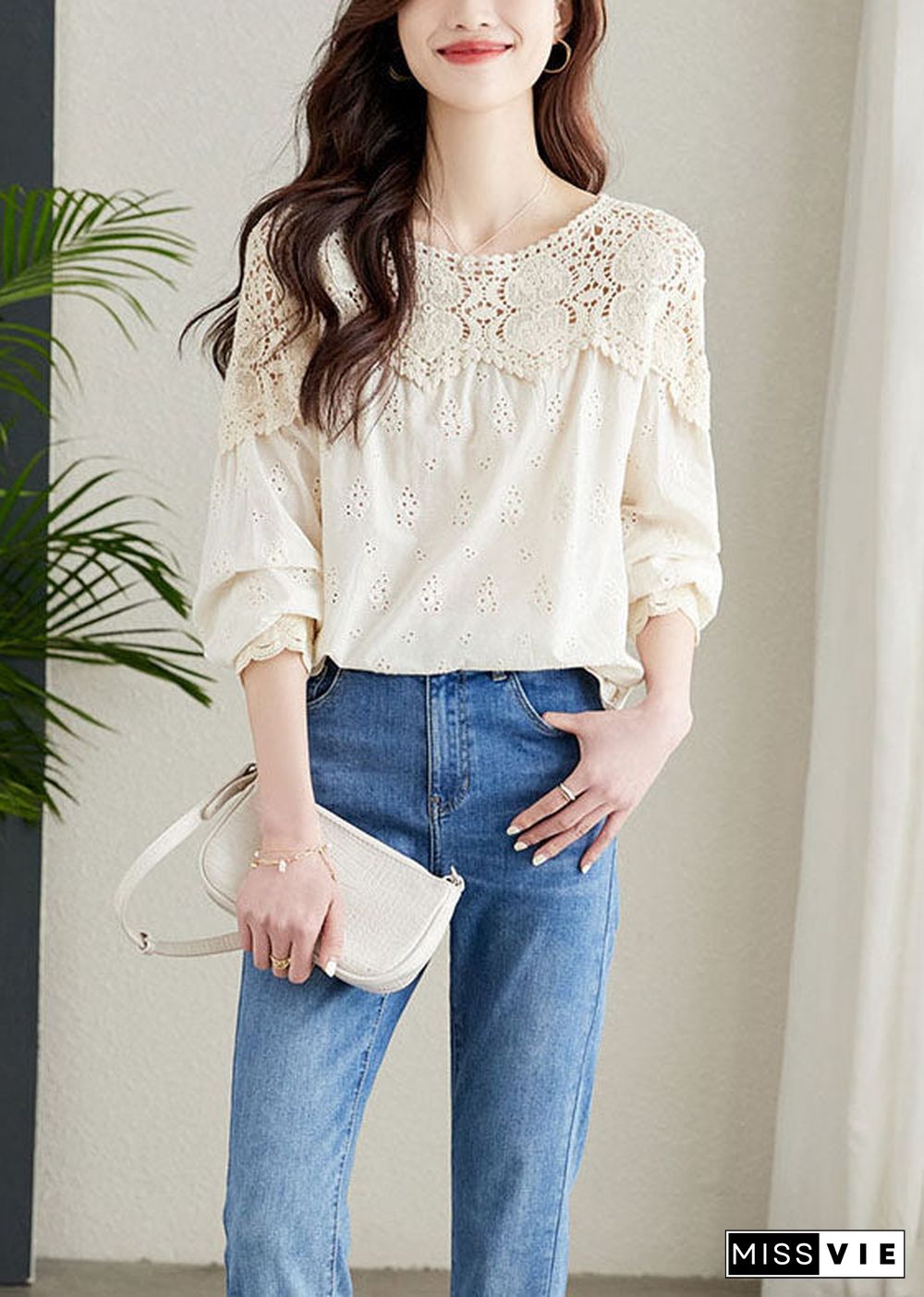 French Apricot Hollow Out Lace Patchwork Cotton Shirts Top Spring