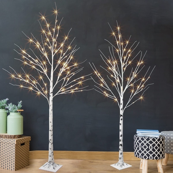 2Pcs 5and6Ft Lighted Birch Tree，Prelit Artificial Twig Tree，Lights with Dimmable and Timer，LED Tree for Yard Xmas Decor