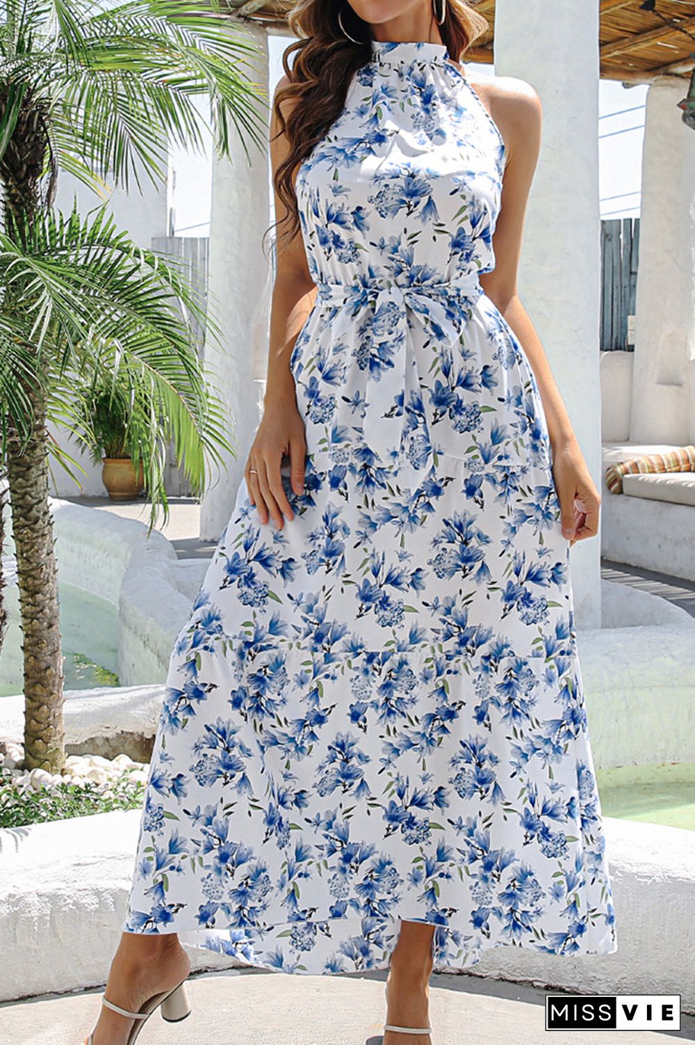 Floral Sleeveless Midi Dress With Sashes Wholesale