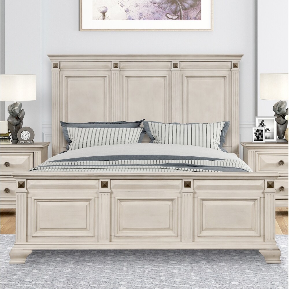 Roundhill Furniture Renova Distressed Parchment Wood Bedroom Set with Panel Bed  Dresser  Mirror  Nightstand  Chest