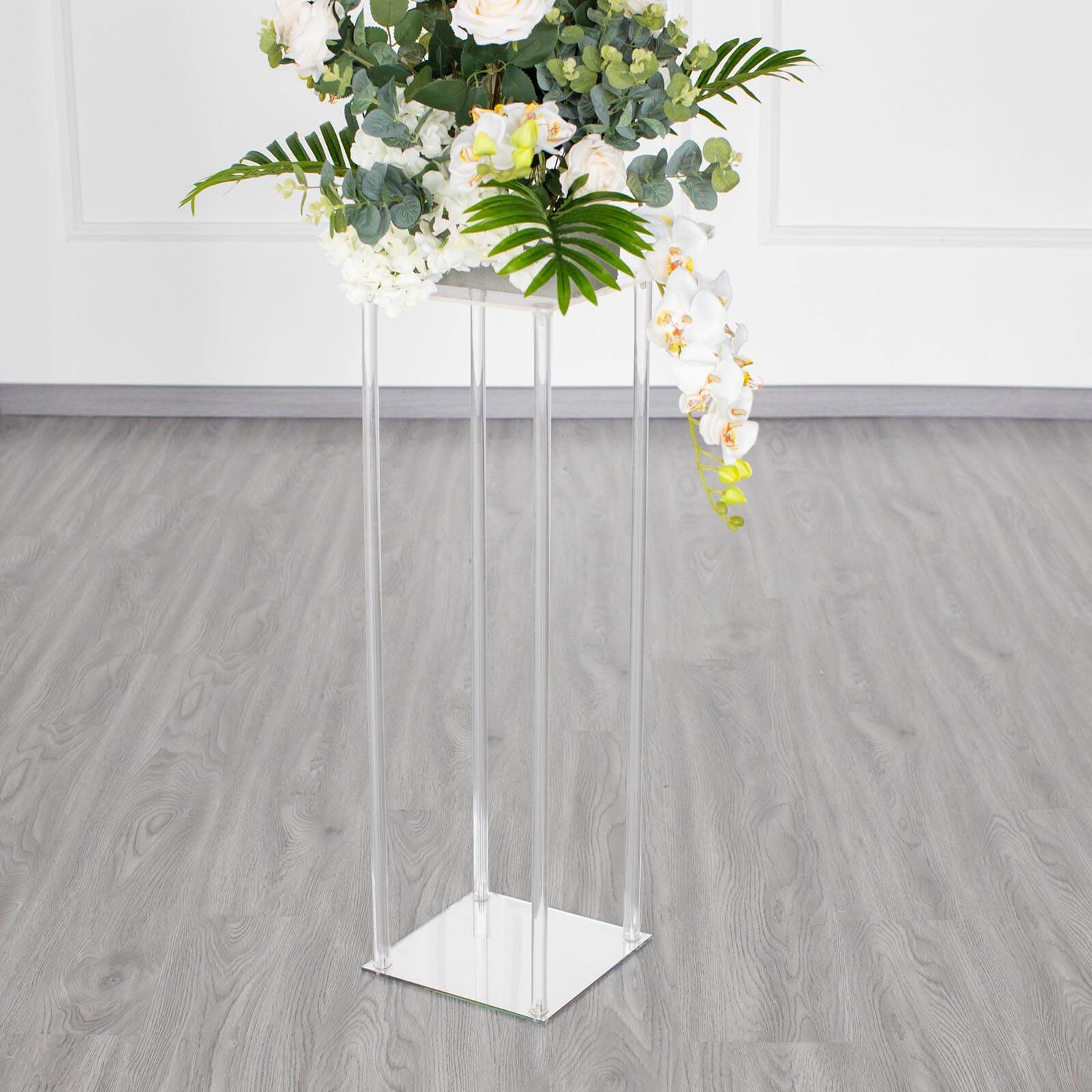 Clear Acrylic Floor Vase Flower Stand With Square Mirror Base, Wedding Column 32