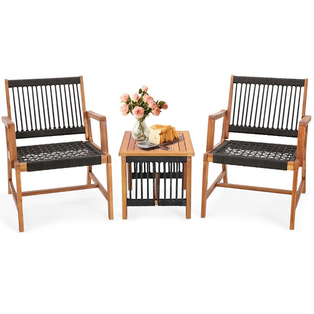 Costway Patio 3pcs Acacia Wood Outdoor Furniture Bistro Set All weather Rope Woven