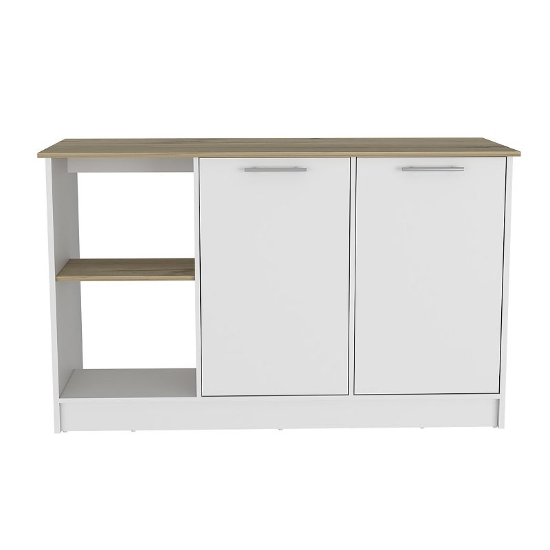 DEPOT E-SHOP Coral Kitchen Island， Two Cabinets， Four Open Shelves， Light Oak / White