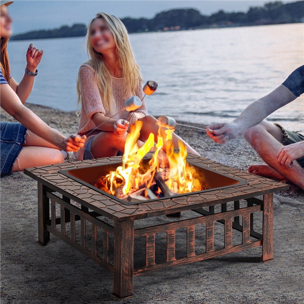 Yaheetech 34in Fire Pit Table Outdoor Patio Fire Pits Square Steel Stove with Mesh Screen and Cover