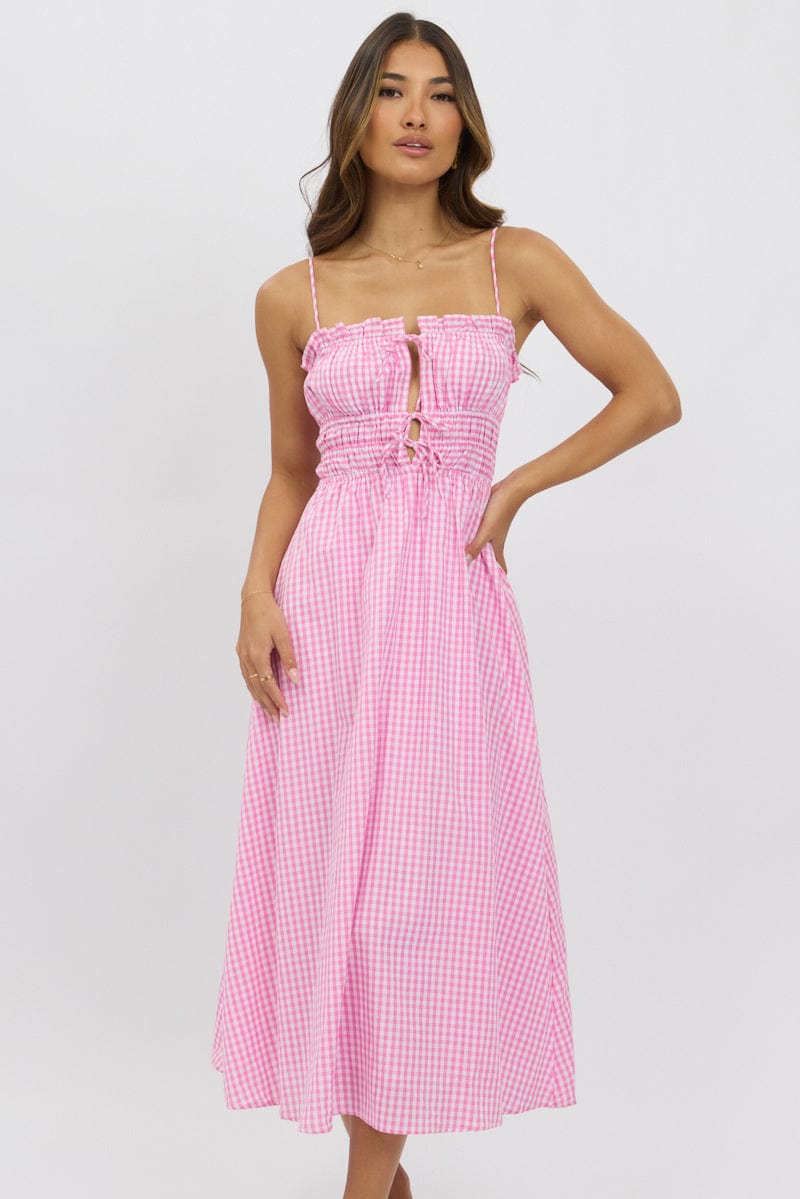 Pink Check Midi Dress Ribbon Detail Strappy