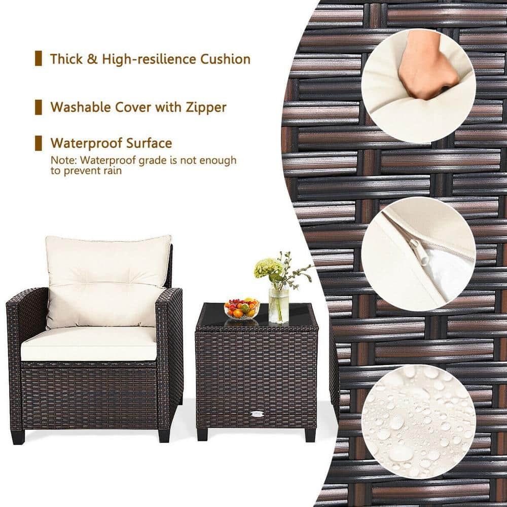 Gymax 3-Piece Wicker Outdoor Patio Conversation Set Garden Yard with Off White Cushions GYM07606