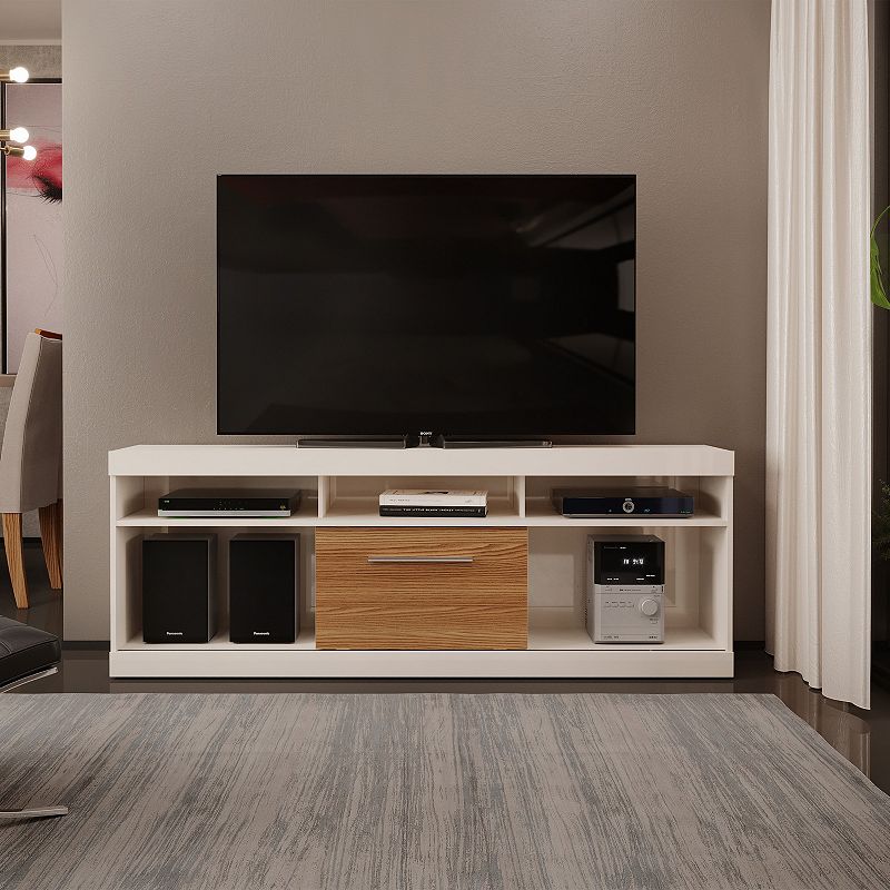 71 Inch TV Media Entertainment Center， 5 Cubbies， 1 Sliding Door， White and Oak