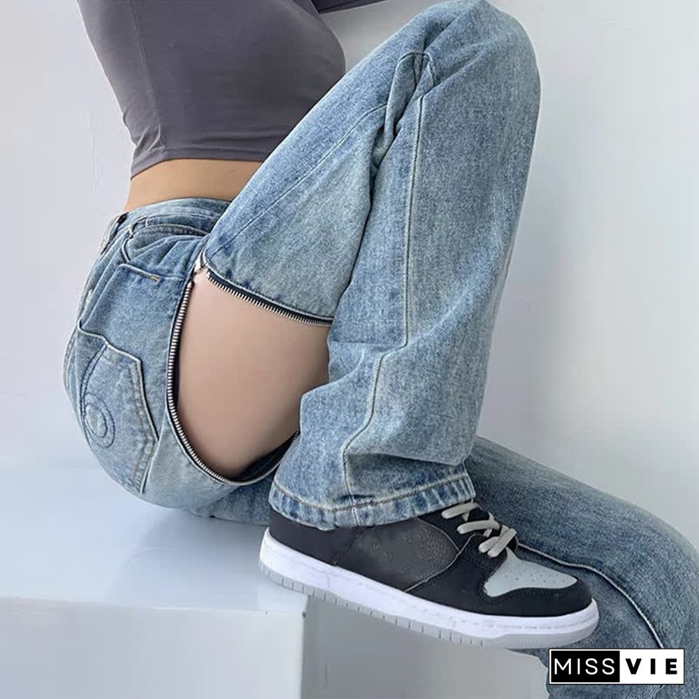 Zipper Detachable High Waist Straight Casual Denim Pants