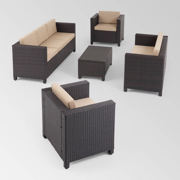 Puerta 5pc Wicker Sofa Chat Set Dark Brown beige Christopher Knight Home