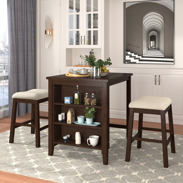 Dining table set， 3-piece square dining table with 2 upholstered stools and storage shelves