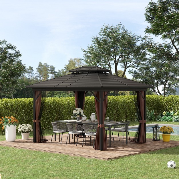 Outsunny Hardtop Gazebo With Curtains And Netting Permanent Pavilion Metal Roof Gazebo Canopy With Aluminum Frame And Top Hook