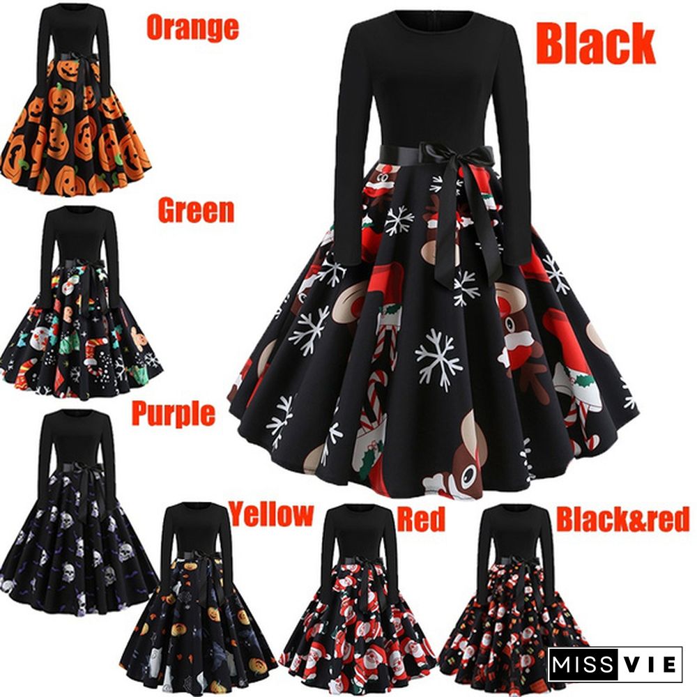 Trendy Women Halloween Christmas Costumes Long Sleeve Dresses Elegant Pumpkin Santa Claus Skull 3D Print Evening Party Dresses Festival Round Neck Belt Prom Dresses Plus Size