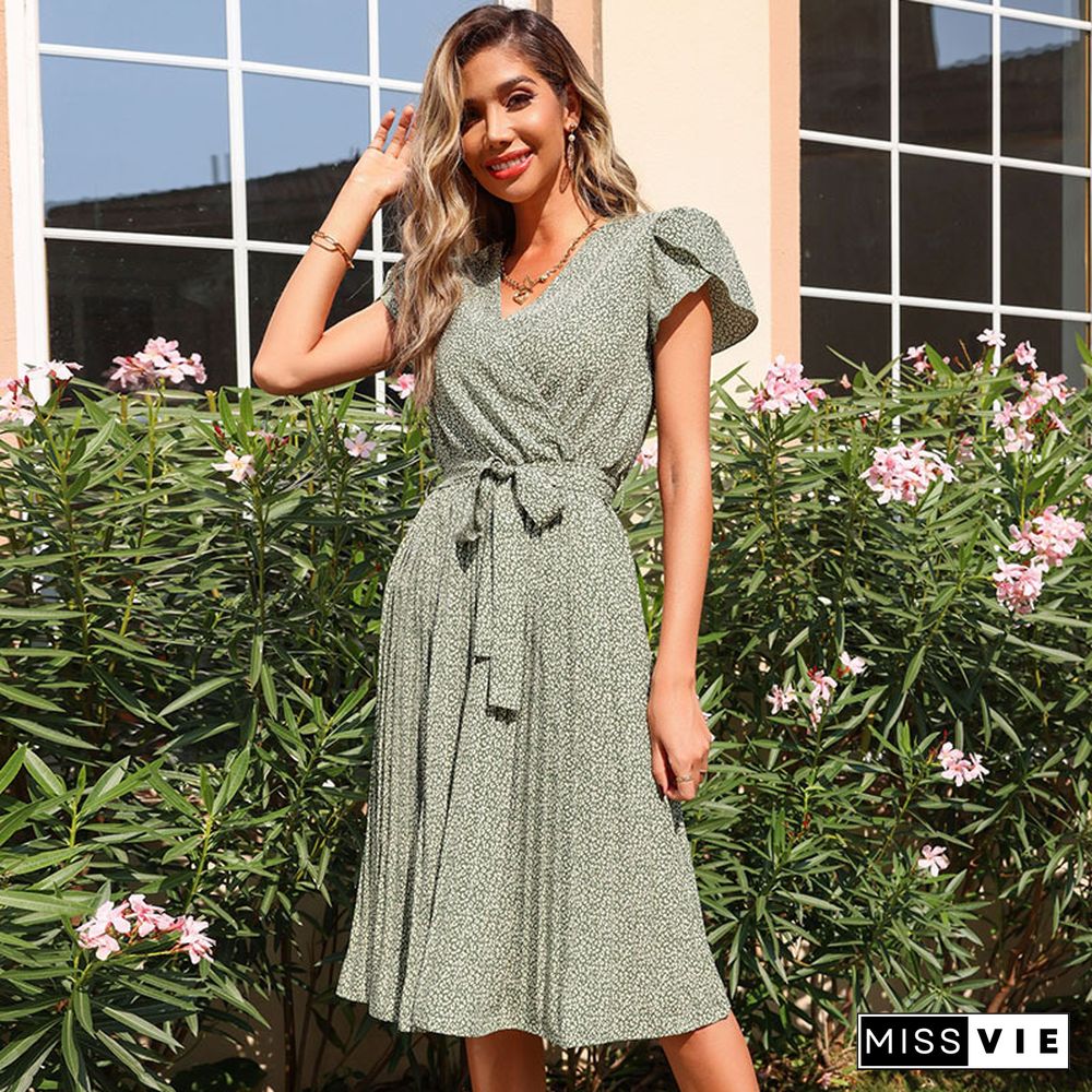 Elegant Floral Print Pleated Dress Women Summer Dress New Casual Green V-Neck Lace-up Short Ruffle Sleeve Midi A-line Dress