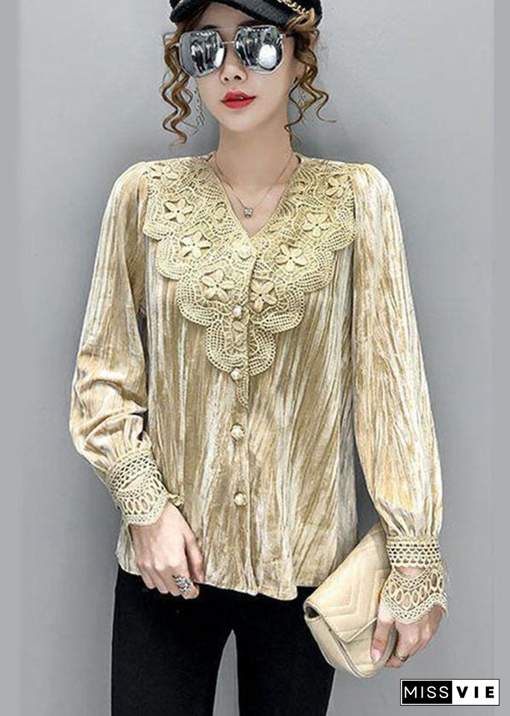 Italian Beige V Neck Patchwork Silk Velour Blouses Long Sleeve