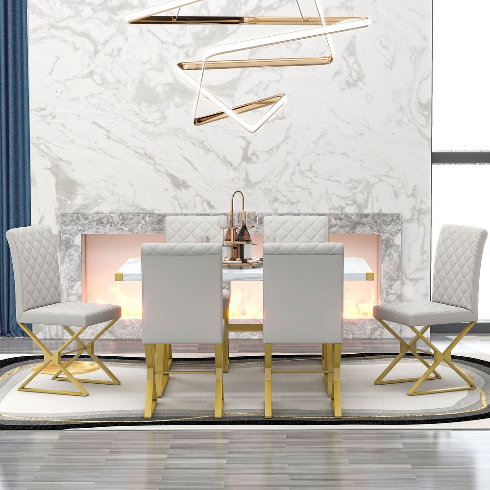 Modern White 7 Piece Dining Set with Marble Texture Table and PU Leather Chairs