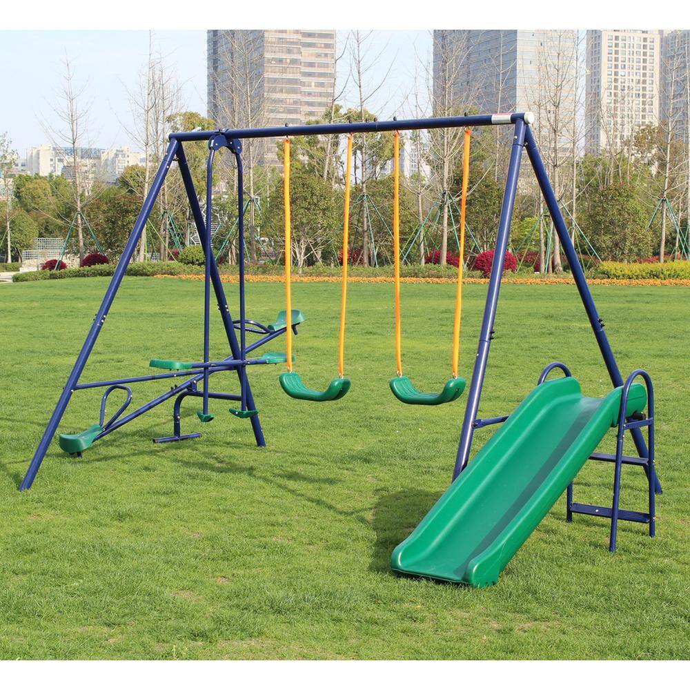 Metal Outdoor Swing Set with 2 Swing Seats 1 Glider 1 Slide and 1 Teeter-Totter LN20232363