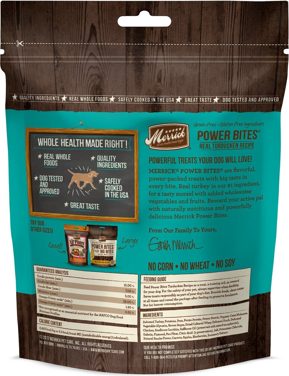 Merrick Power Bites Turducken Recipe Grain-Free Soft and Chewy Dog Treats