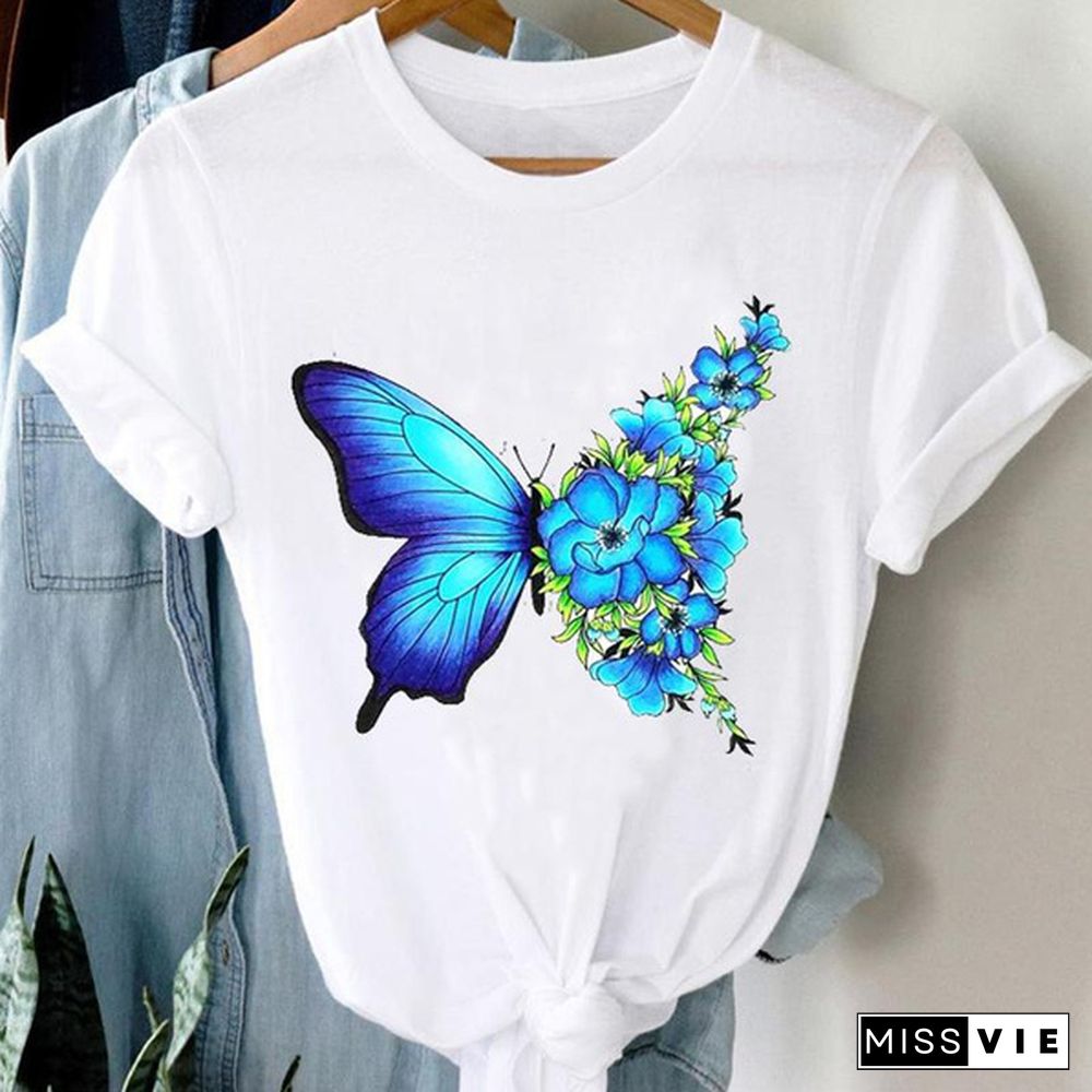 Women flower butterfly lovely style printing tshirt casual T tee top fashion clothes cartoon print lady female clothing graphic short sleeve t-shirt