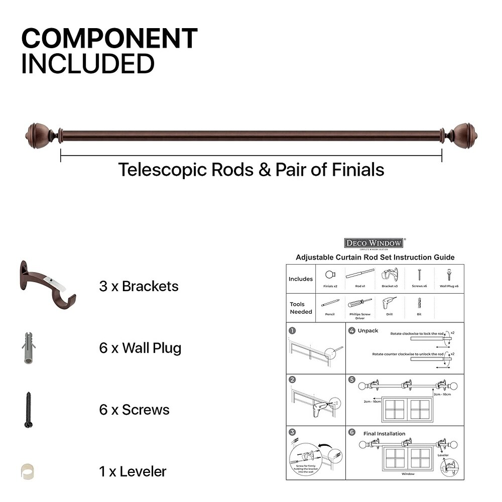 Deco Window 1 Inch Adjustable Curtain Rod for Windows   Doors Curtains with Oval Finials   Brackets Set