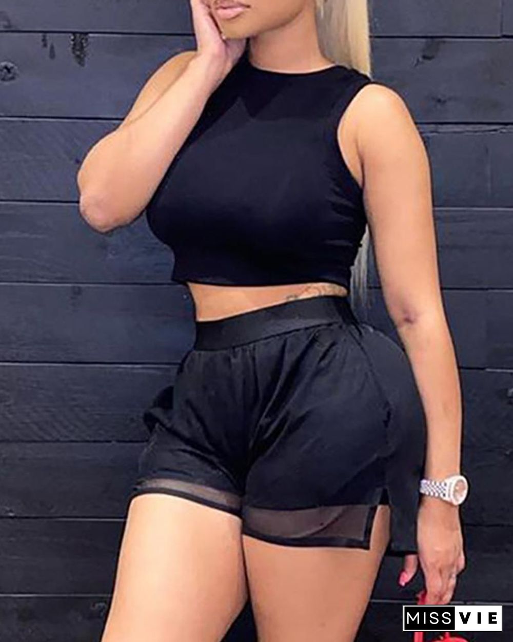 O-neck Sleeveless Crop Top & Slit Mesh Shorts Set