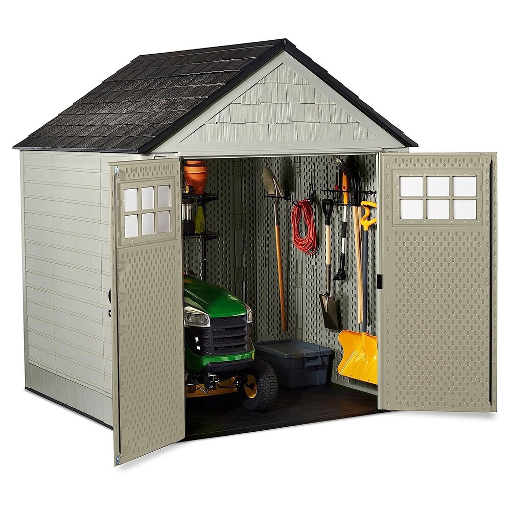 Rubbermaid 7x7 Ft Durable Weather Resistant Resin Outdoor Storage Shed  Sand   260