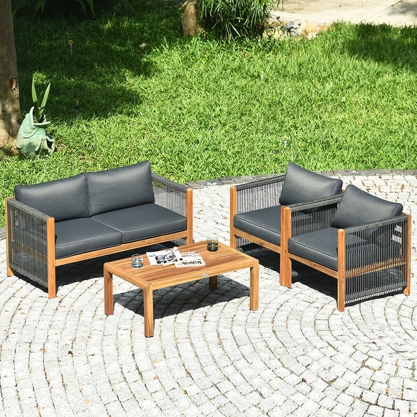 Gymax 4PCS Acacia Wood Outdoor Patio Furniture Set Cushioned Sofa