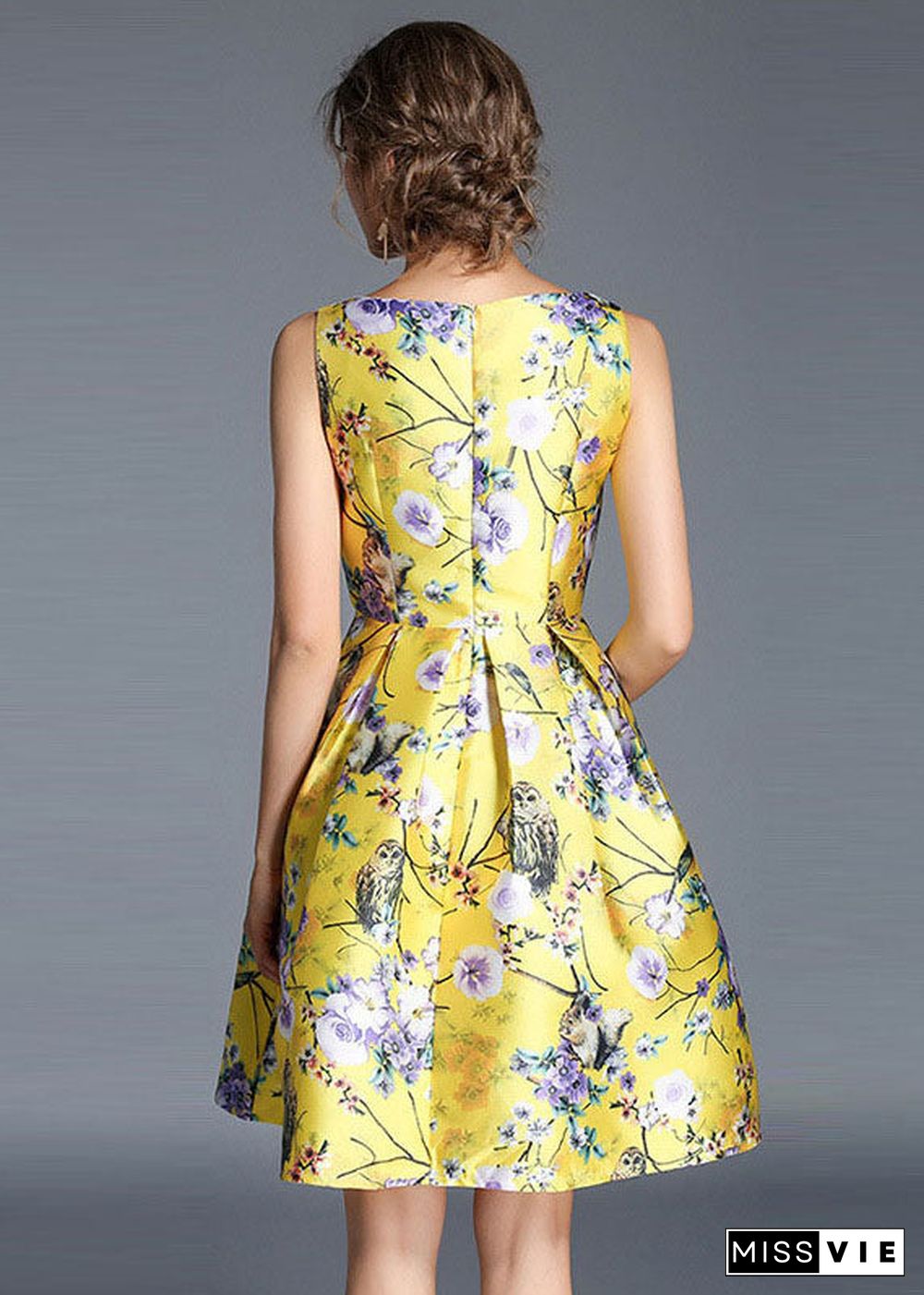 Fashion Yellow Print Wrinkled Patchwork Cotton Mid Dress Sleeveless