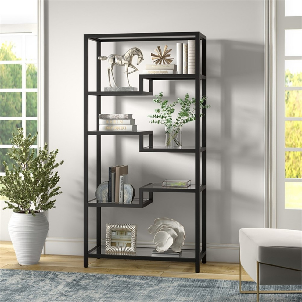 Maklaine 34 quotModern Blackened Bronze Finish Metal/Glass Bookcase   Transitional   Bookcases   by Homesquare  Houzz