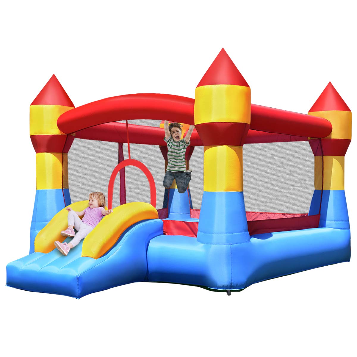 Costzon Inflatable Bounce House, Jumper Castle with Slide, Mesh Walls, Party Bouncy House