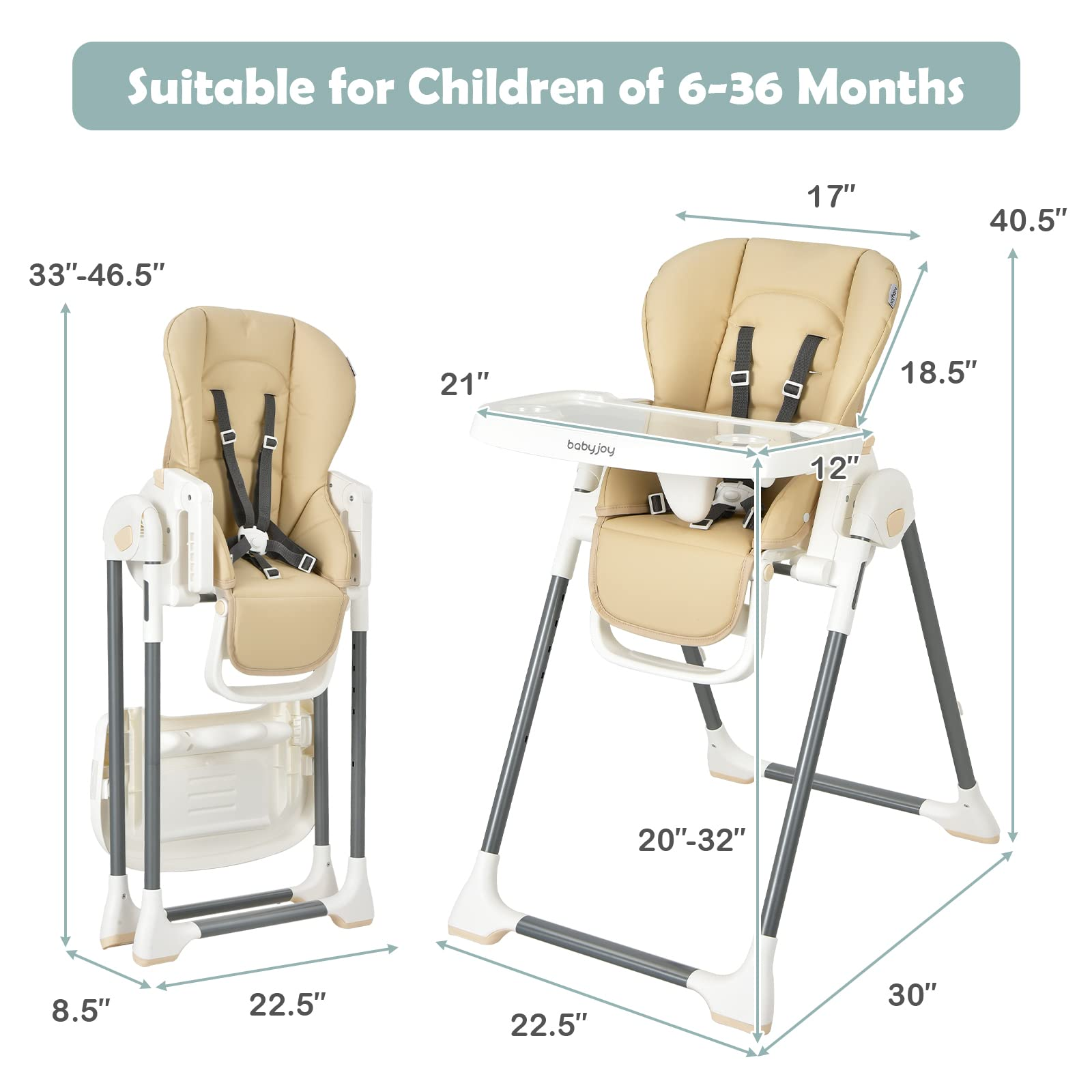 High Chair for Babies & Toddlers, Foldable High Chair w/ Adjustable Height/Backrest/Footrest