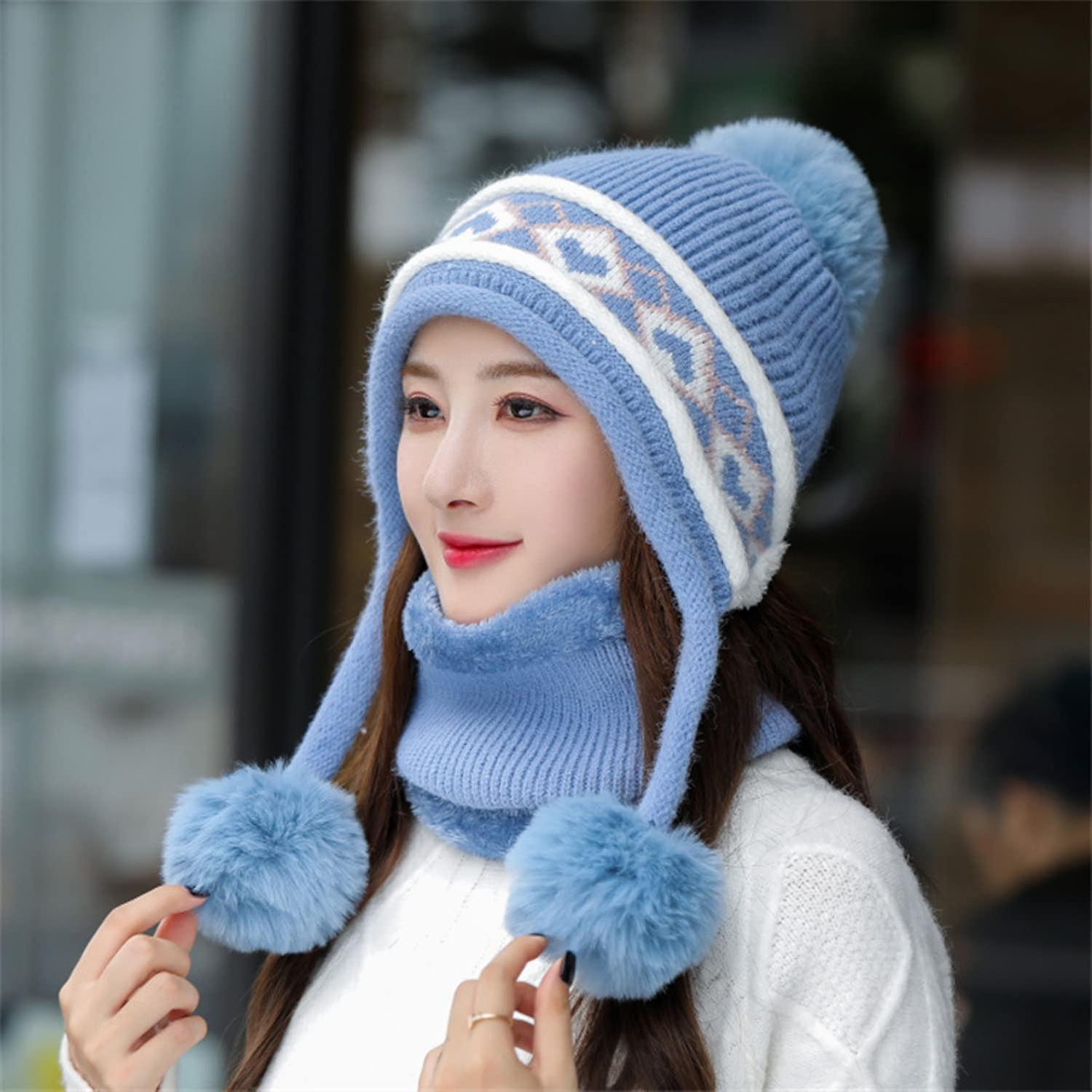 Women Winter Beanie Hat Peruvian Circle Scarf Set Ski Ear Flaps Caps Dual Layered Fleece Lined Pompoms E1450215-blue -