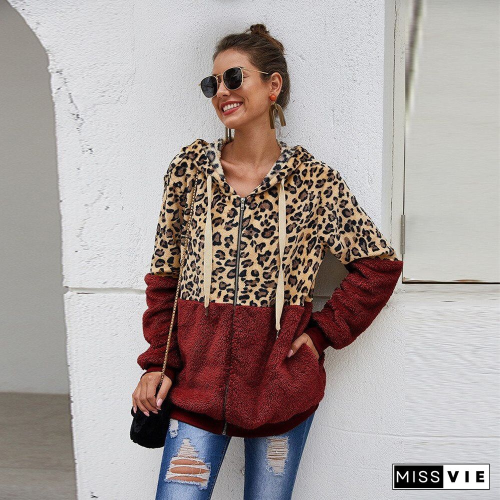 Autumn Winter Women Sweatshirt Hooded Leopard Hoodies Casual Zipper Long Sleeve Hoodie Fashion Velvet Tops Warm Coat Streetwear