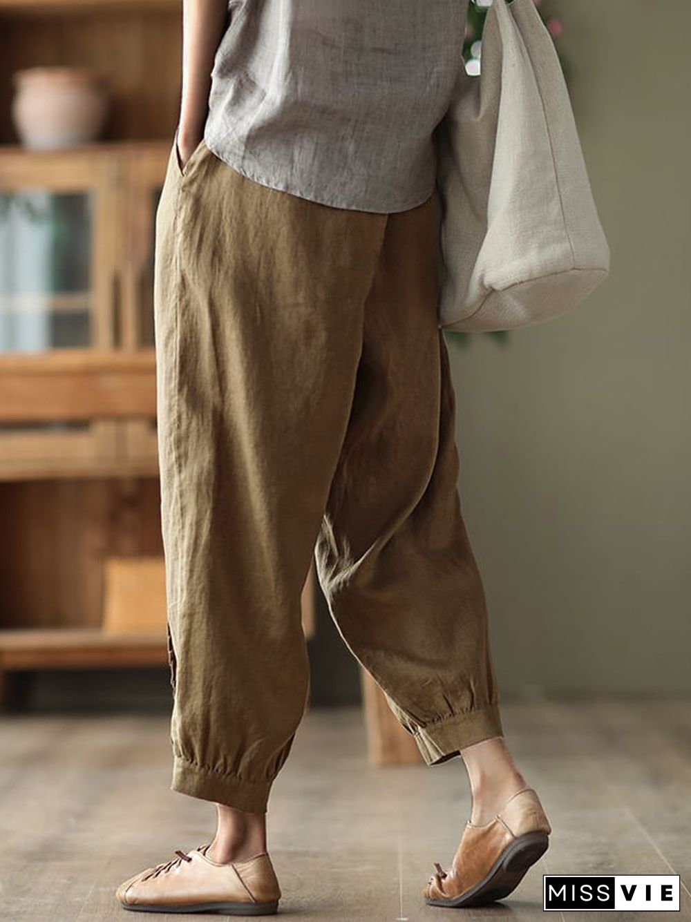 Cotton Linen Retro Wood Ear Stitching Casual Pants