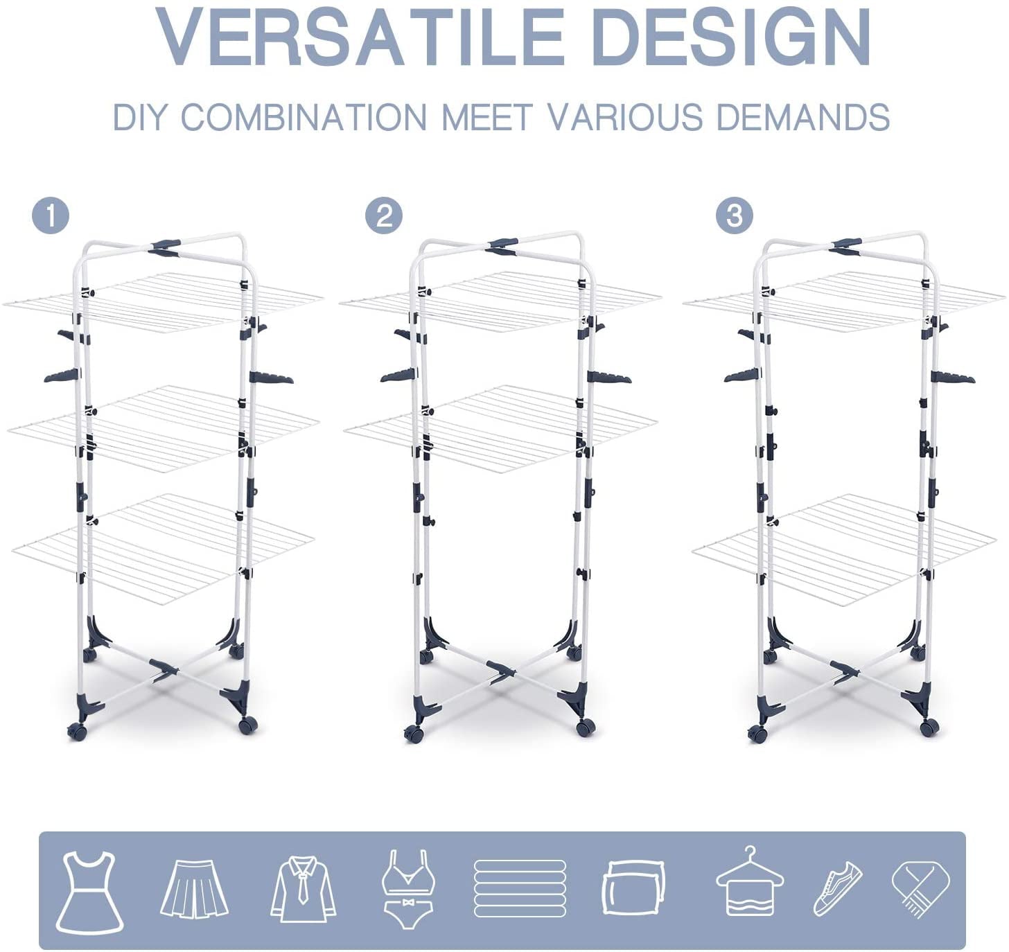 Kingrack Clothes Drying Rack, 3-Tier Folding Indoor Laundry Drying Rack with Wheels 4 Hooks, Metal, White