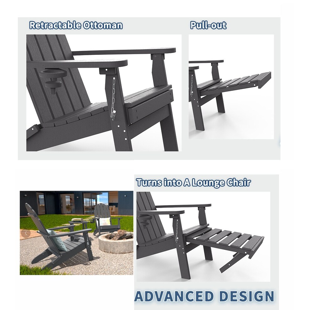 Polydun Folding Adirondack Chair Lawn Outdoor Fire Pit Chair Adirondack Chair Weather Resistant with Cup Holder/Ottoman