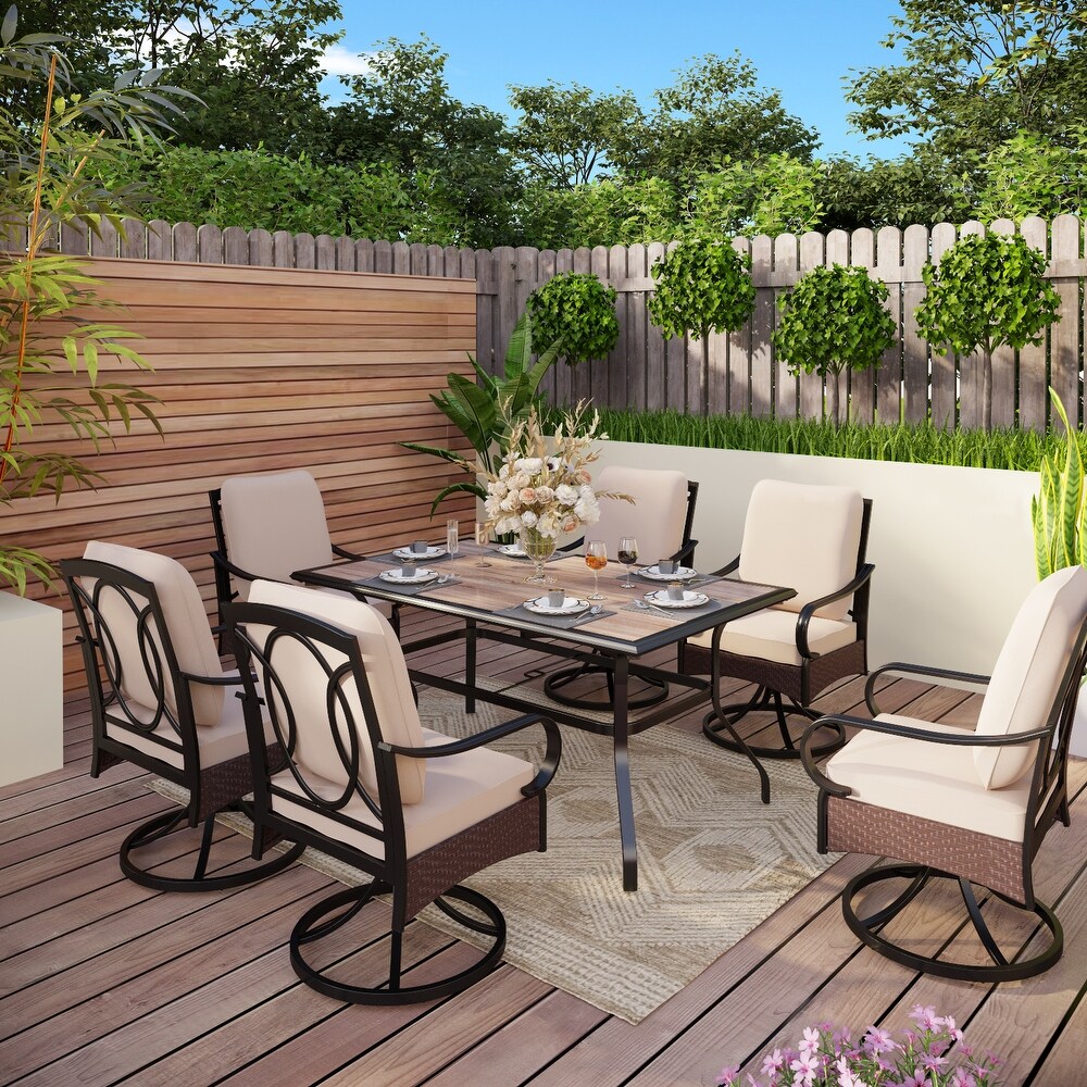 7/8 Piece Patio Dining Set of 6 Swivel Steel Rattan Chairs with Deep seating and Back Cushions 1 Wood like Table Top