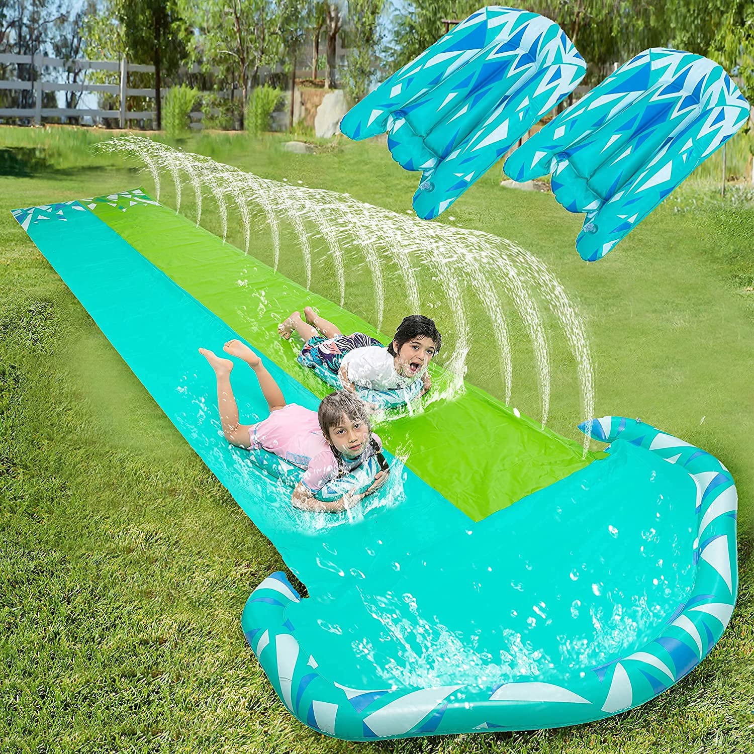 20ft x 62in Slip and Slide Water Slide with 2 pcs of Bodyboards, Summer Toy with Build in Sprinkler for Backyard and Outdoor Water Toys Play