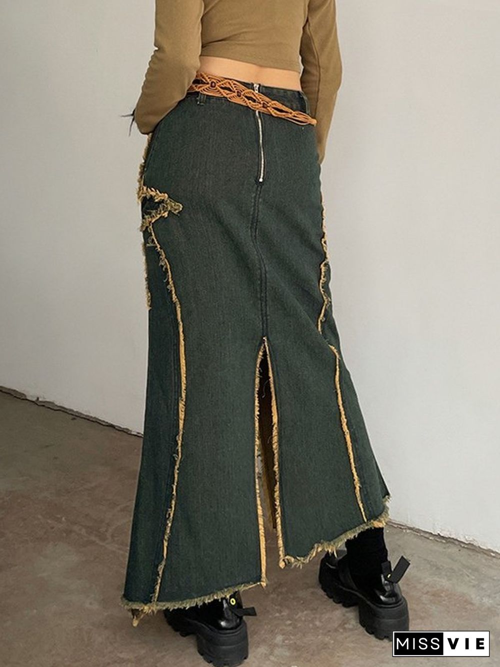 Slit Vintage Star Embroidered Denim Maxi Skirt