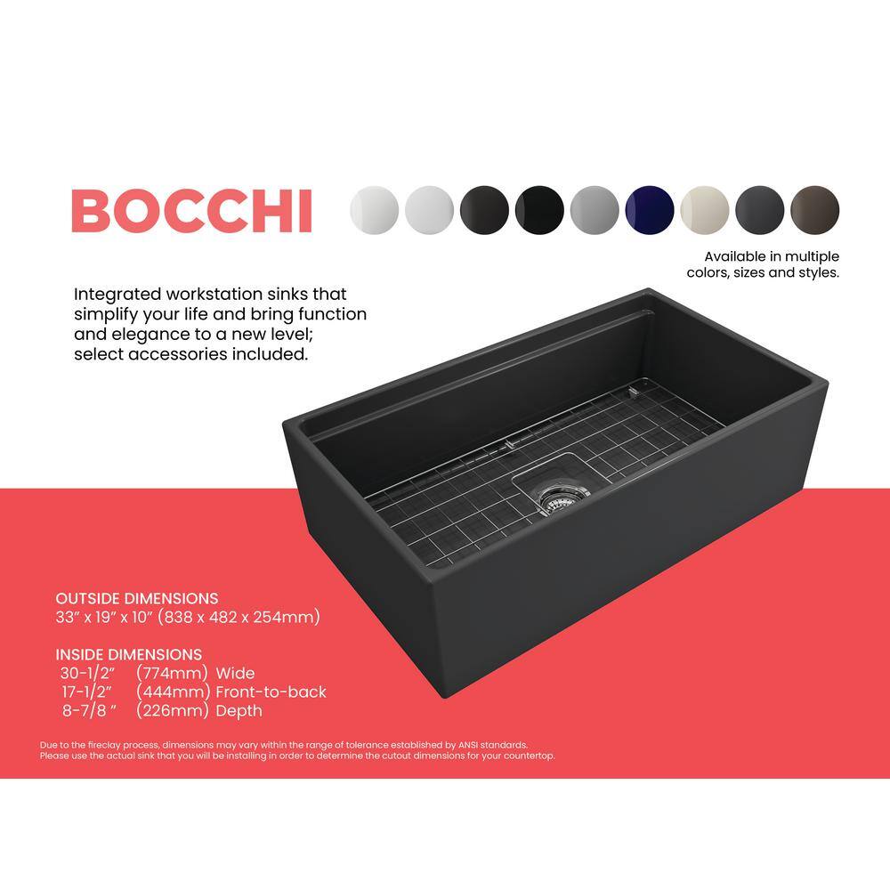 BOCCHI Step-Rim Matte Dark Gray Fireclay 33 in. Single Bowl Farmhouse Apron Front Workstation Kitchen Sink with Accessories 1504-020-0120