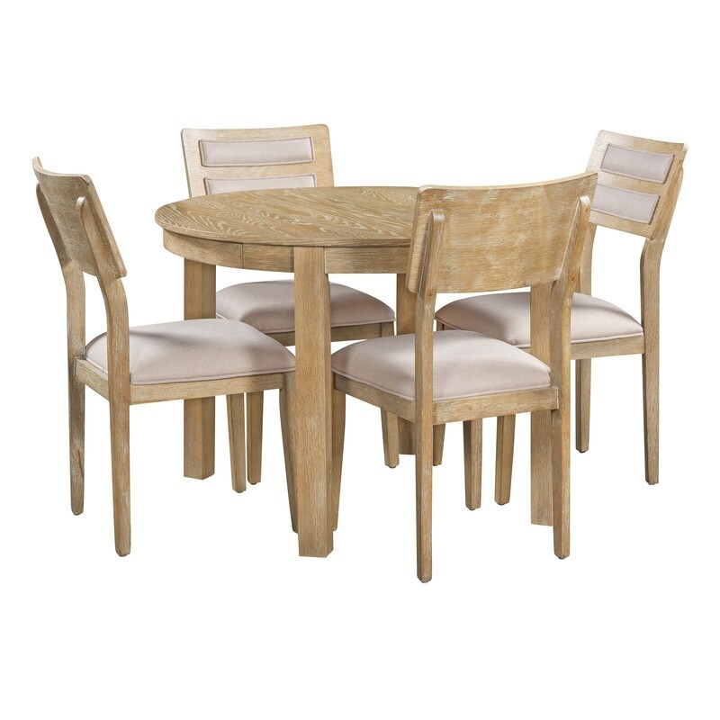 Farmhouse Style 5 Piece Multifunctional Dining Set with Extendable Round Table  Two Drawers and 4 Upholstered Dining Chairs