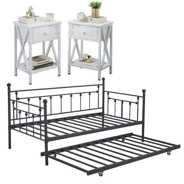 Taomika 4-Pieces Modern Bedroom Set Black Daybed with Trundle Nightstands Set of 2 - - 36002068