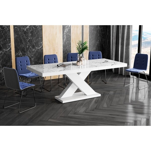 XENA Dining Set - White Venatino/White + Blue/Black